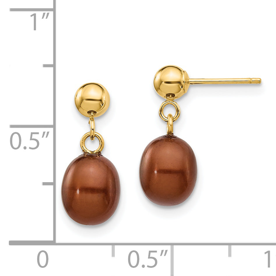 14k 6-7mm Brown Rice Freshwater Cultured Pearl Dangle Post Earrings