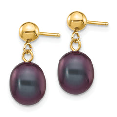 14k 7-8mm Black Rice Freshwater Cultured Pearl Dangle Post Earrings