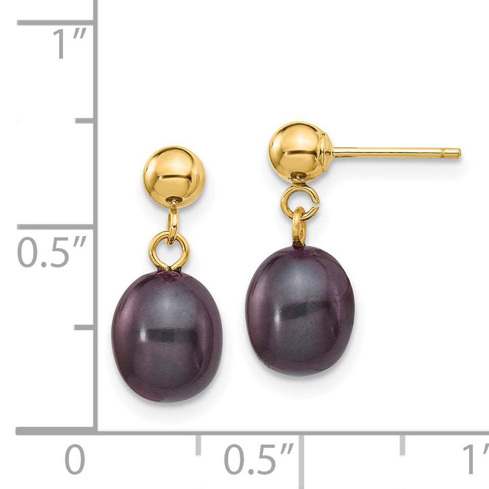 14k 7-8mm Black Rice Freshwater Cultured Pearl Dangle Post Earrings