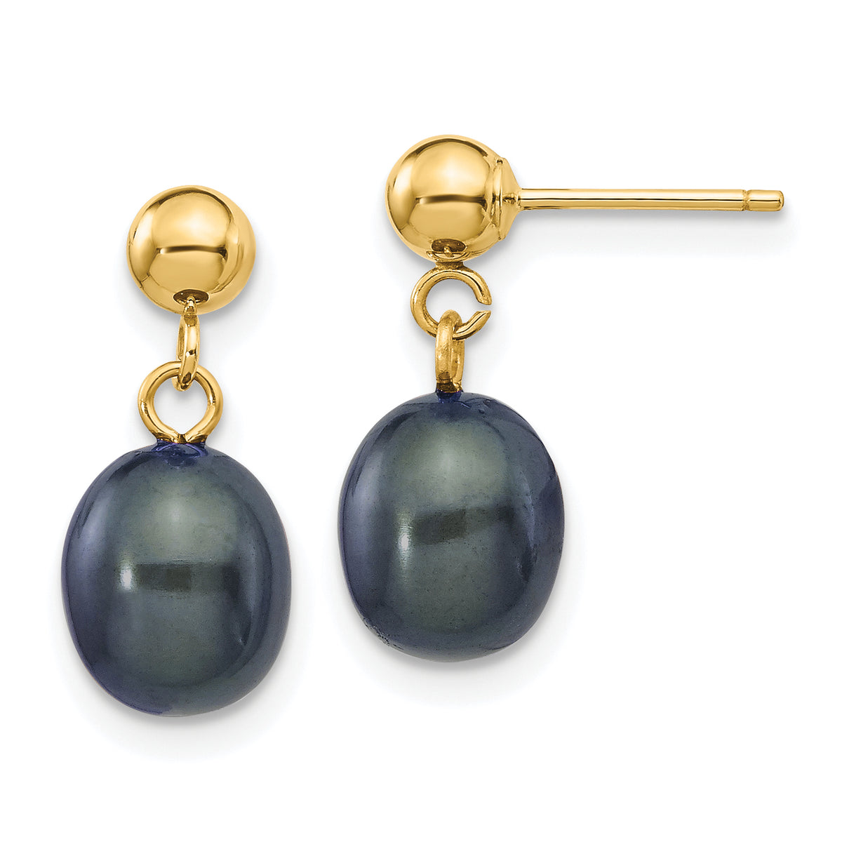 14k 7-8mm Black Rice Freshwater Cultured Pearl Dangle Post Earrings