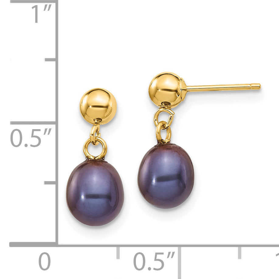 14k 6-7mm Black Rice Freshwater Cultured Pearl Dangle Post Earrings