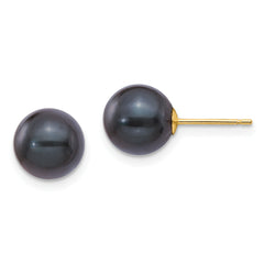 14k 8-9mm Round Black Saltwater Akoya Cultured Pearl Stud Post Earrings