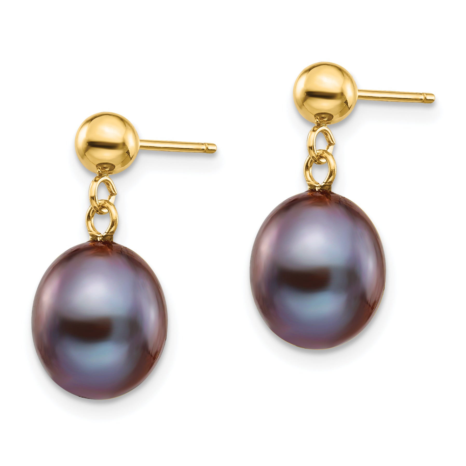 14k 8-9mm Black Rice Freshwater Cultured Pearl Dangle Post Earrings