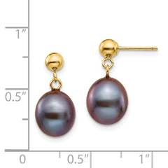 14k 8-9mm Black Rice Freshwater Cultured Pearl Dangle Post Earrings