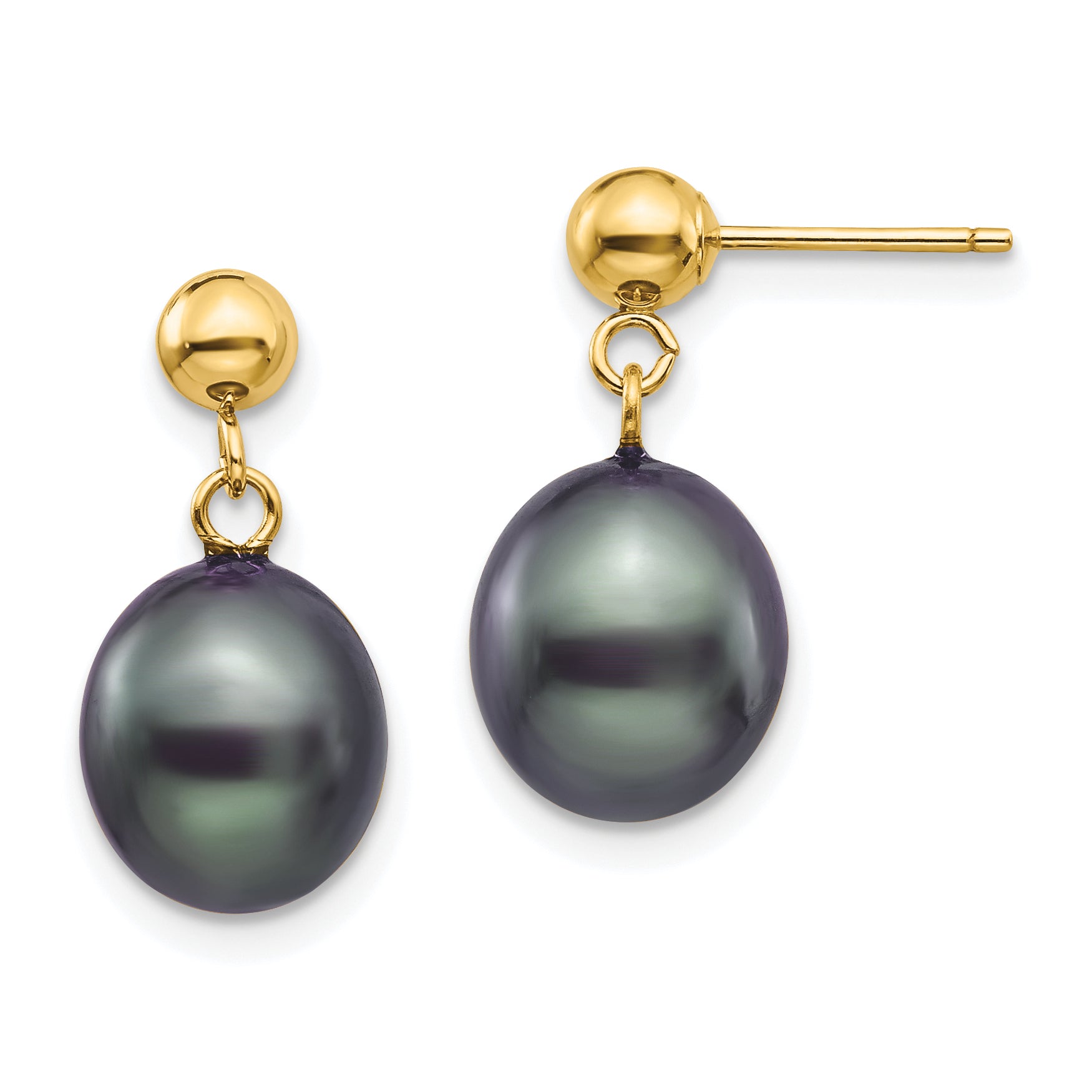 14k 8-9mm Black Rice Freshwater Cultured Pearl Dangle Post Earrings