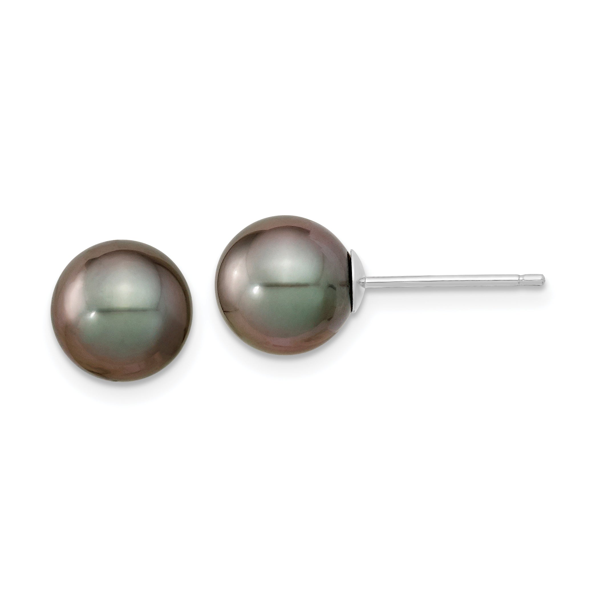 14k WG 8-9mm Black Round Saltwater Cultured Tahitian Pearl Post Earrings