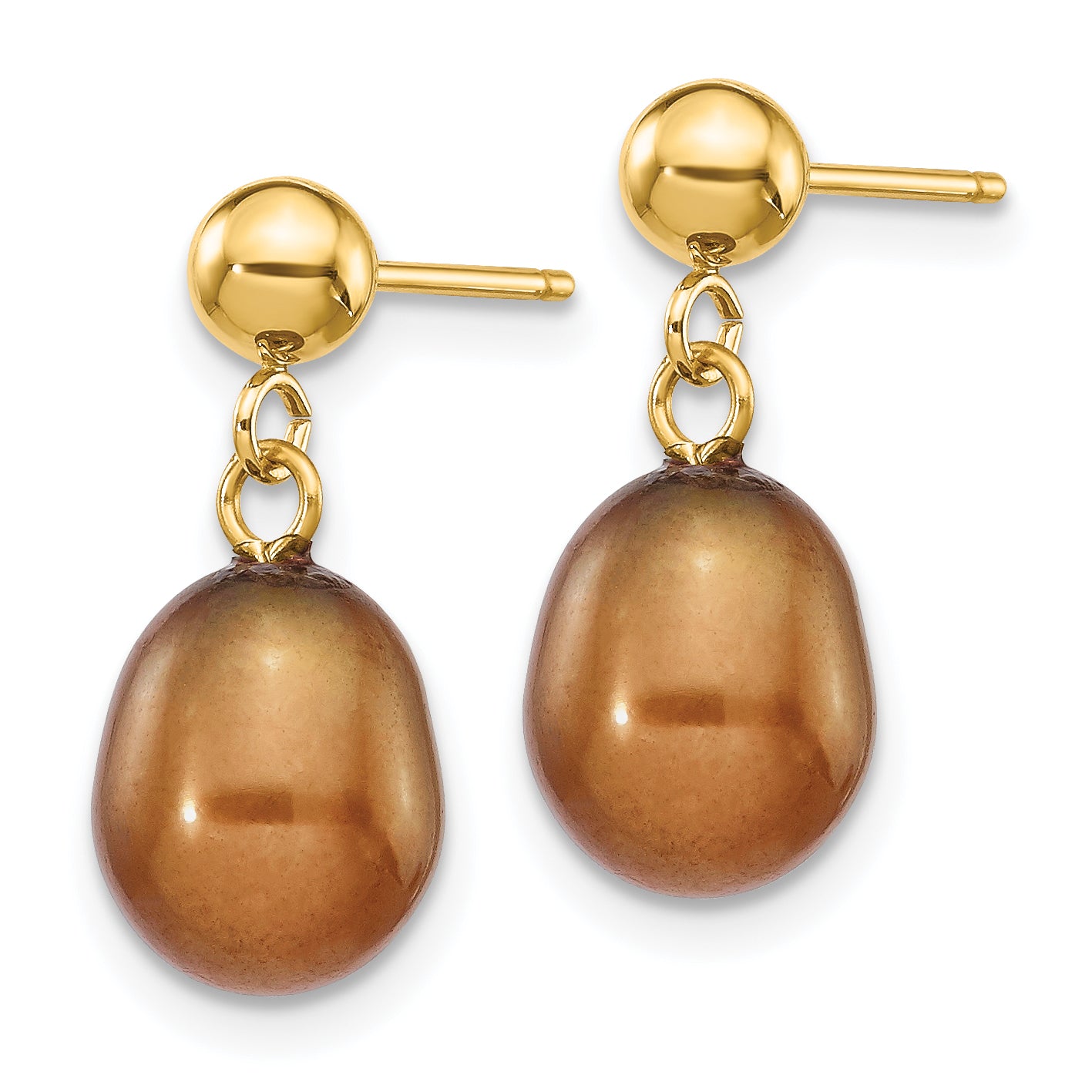 14k 7-8mm Brown Rice Freshwater Cultured Pearl Dangle Post Earrings