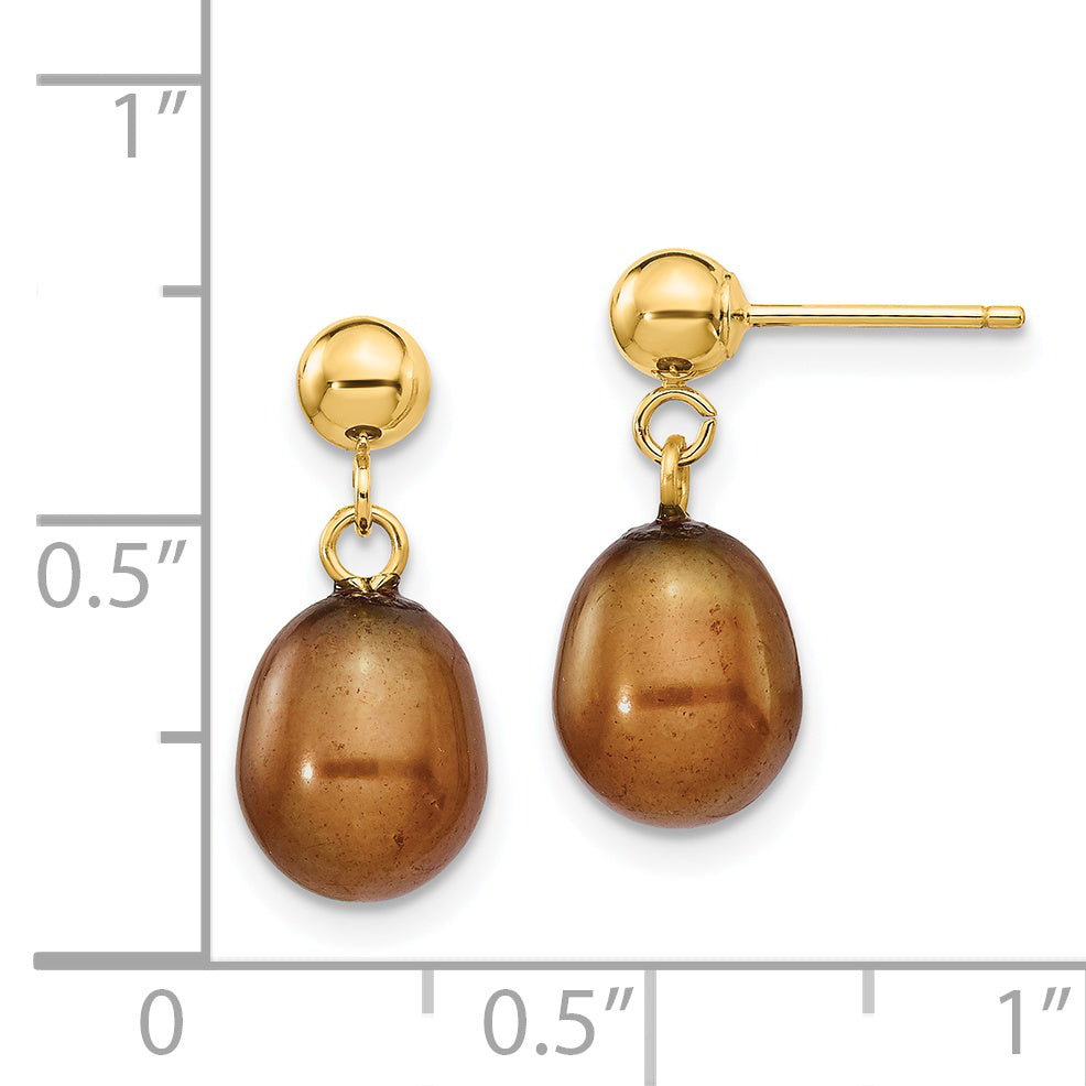 14k 7-8mm Brown Rice Freshwater Cultured Pearl Dangle Post Earrings