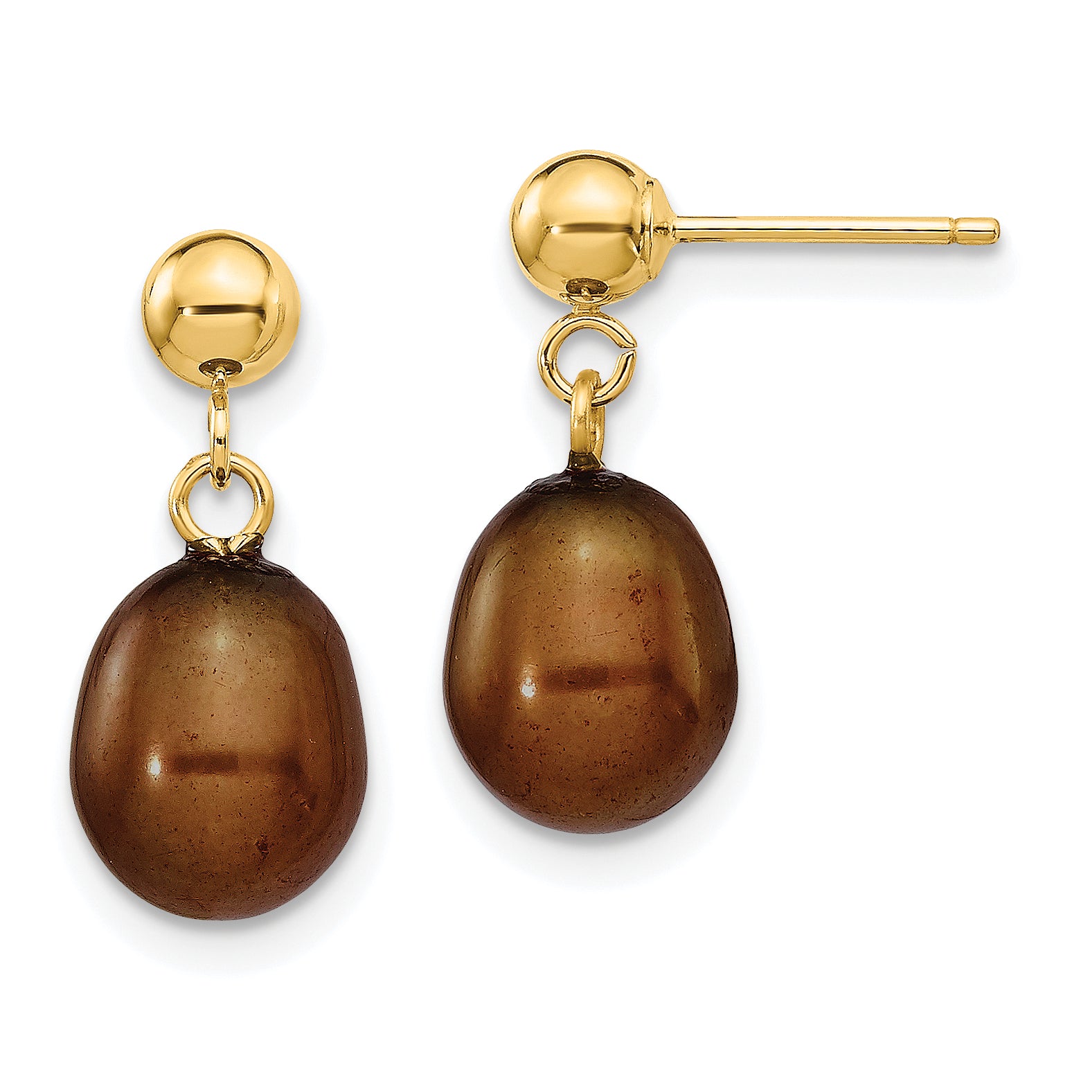 14k 7-8mm Brown Rice Freshwater Cultured Pearl Dangle Post Earrings