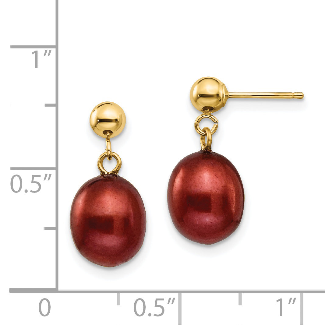 14k 8-9mm Brown Freshwater Cultured Pearl Dangle Post Earrings