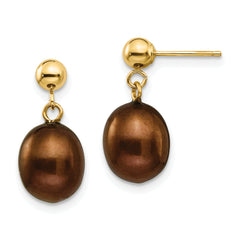 14k 8-9mm Brown Freshwater Cultured Pearl Dangle Post Earrings