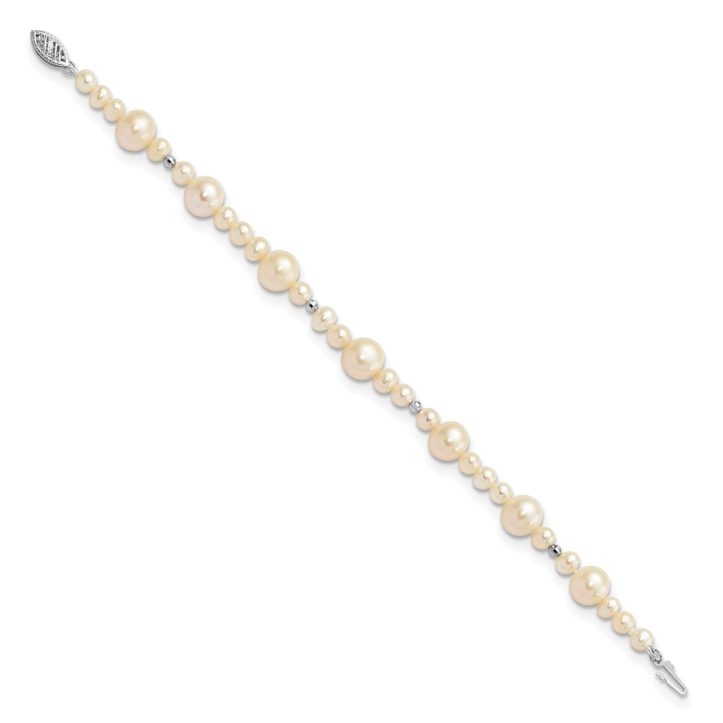 14K WG 5-9mm White Near Round Freshwater Cultured Pearl Bead Bracelet