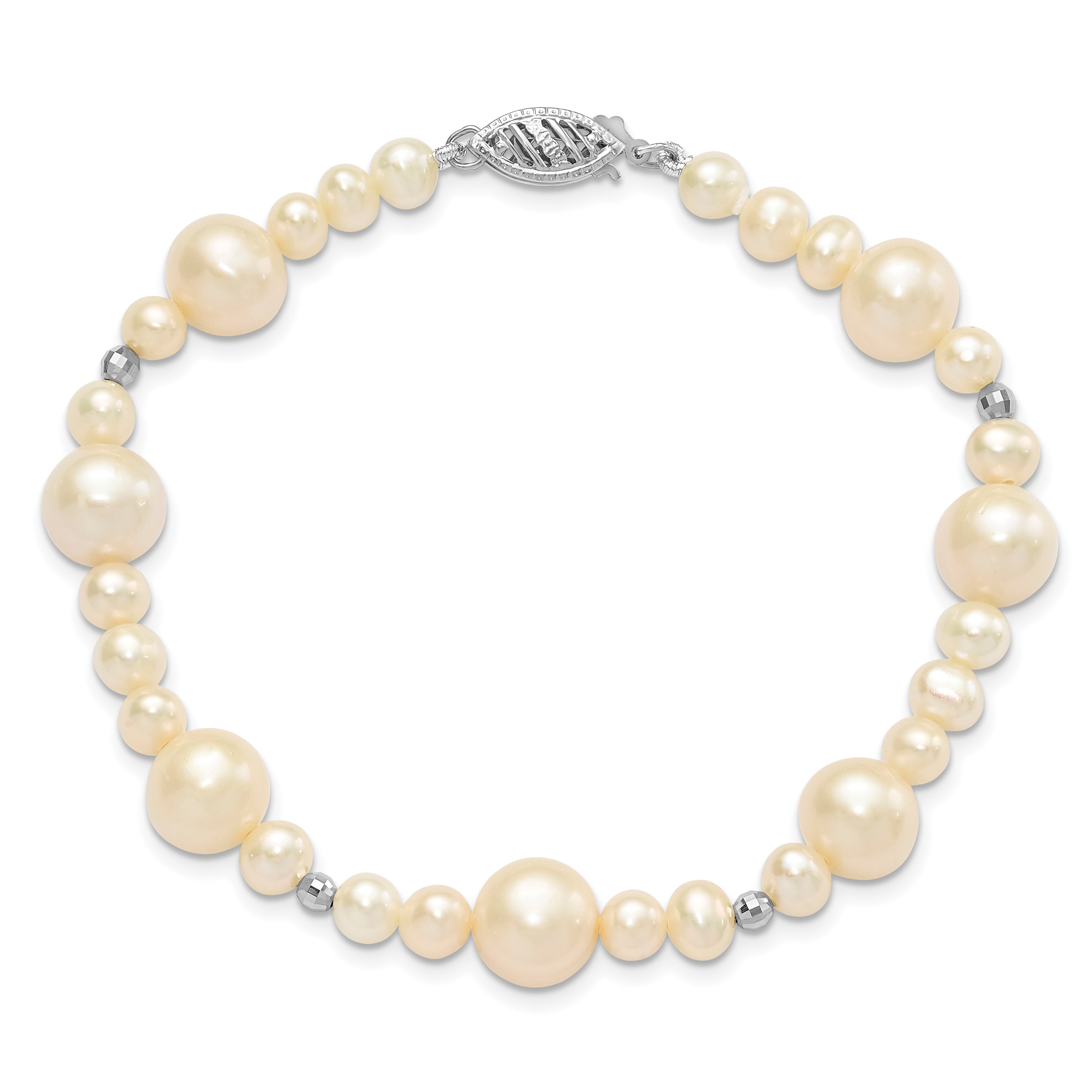 14K WG 5-9mm White Near Round Freshwater Cultured Pearl Bead Bracelet