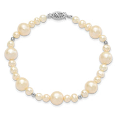 14K WG 5-9mm White Near Round Freshwater Cultured Pearl Bead Bracelet