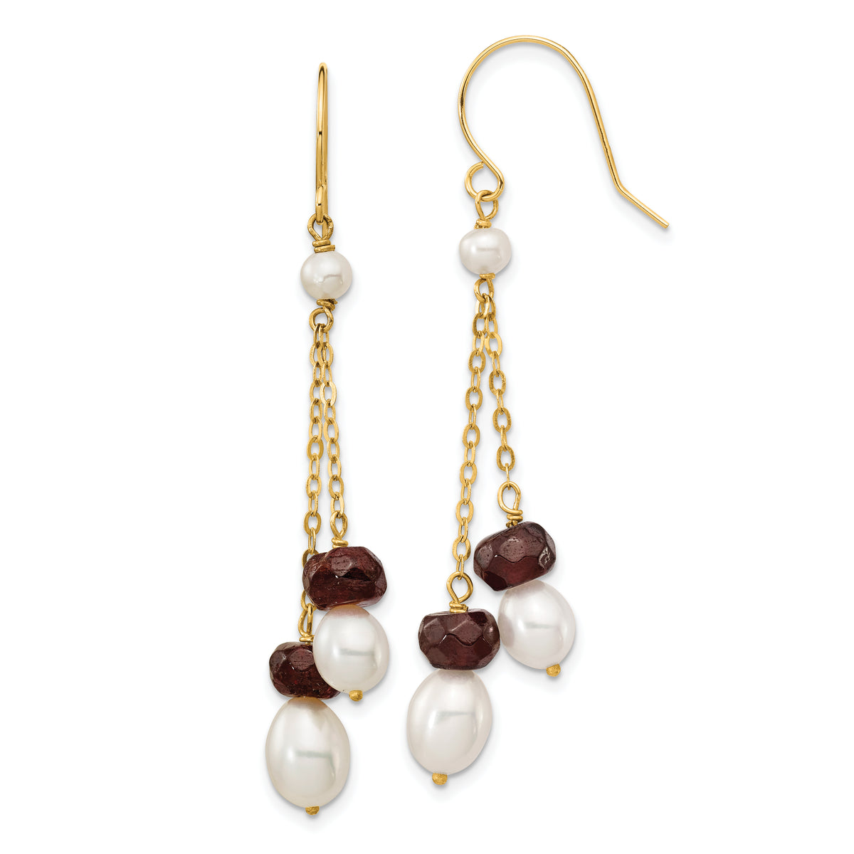 14K White Freshwater Cultured Pearl Garnet Double Chain Dangle Earrings