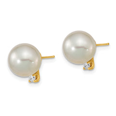 14k 9-10mm White Saltwater Cultured South Sea Pearl .10ct Dia Earrings