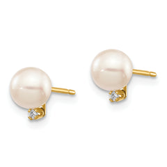 14k 5-6mm White Round Saltwater Akoya Cultured Pearl Diamond Post Earrings