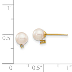 14k 5-6mm White Round Saltwater Akoya Cultured Pearl Diamond Post Earrings