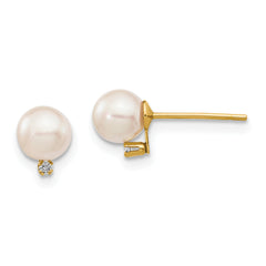 14k 5-6mm White Round Saltwater Akoya Cultured Pearl Diamond Post Earrings