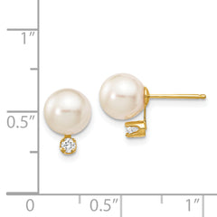 14k 7-8mm White Round Saltwater Akoya Cultured Pearl Diamond Post Earrings