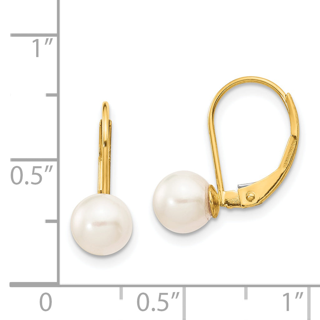 14k 6-7mm White Round Saltwater Akoya Cultured Pearl Leverback Earrings