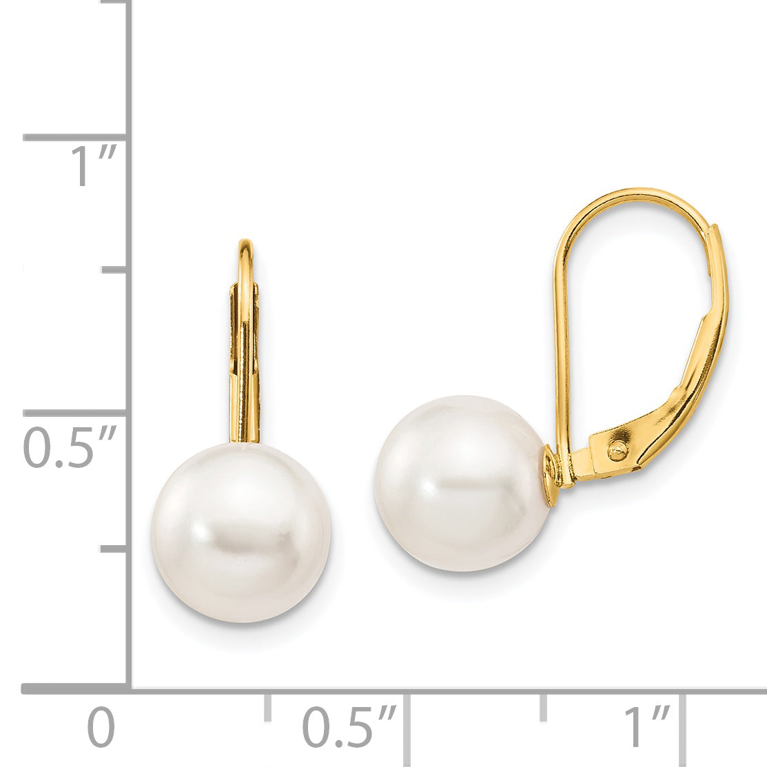 14k 8-9mm White Round Saltwater Akoya Cultured Pearl Leverback Earrings