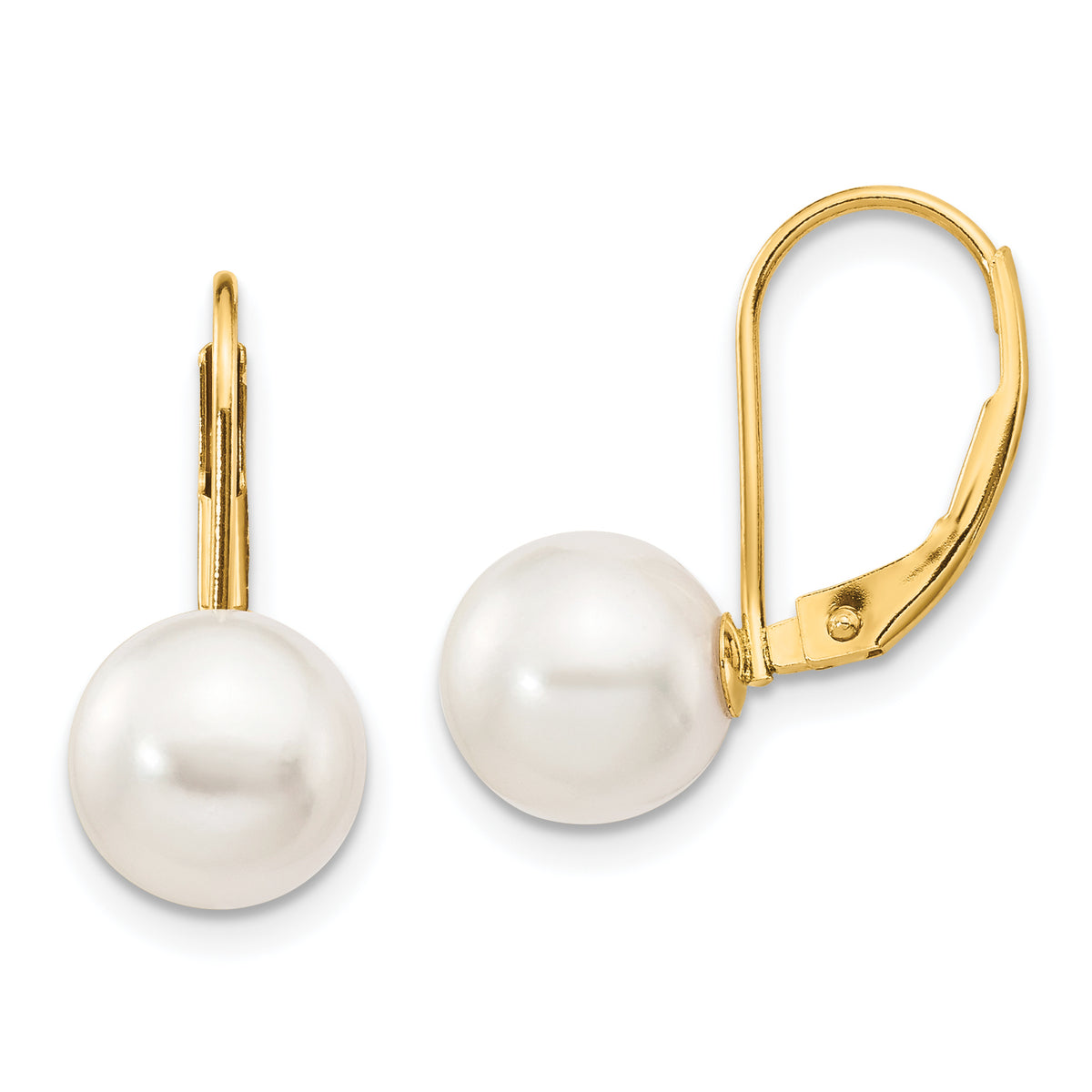 14k 8-9mm White Round Saltwater Akoya Cultured Pearl Leverback Earrings