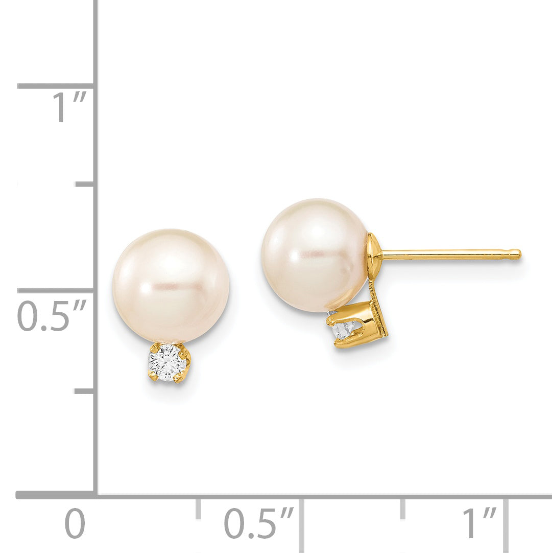 14k 7-8mm White Round Freshwater Cultured Pearl .10ct Diamond Post Earrings