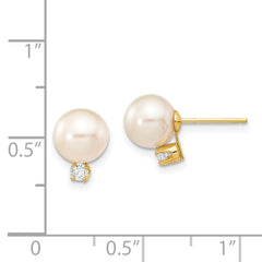 14k 7-8mm White Round Freshwater Cultured Pearl .10ct Diamond Post Earrings