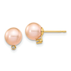 14k 5-6mm Pink Round Freshwater Cultured Pearl .02ct Diamond Post Earrings