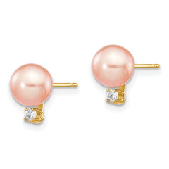 14k 6-7mm Pink Round Freshwater Cultured Pearl .06ct Diamond Post Earrings