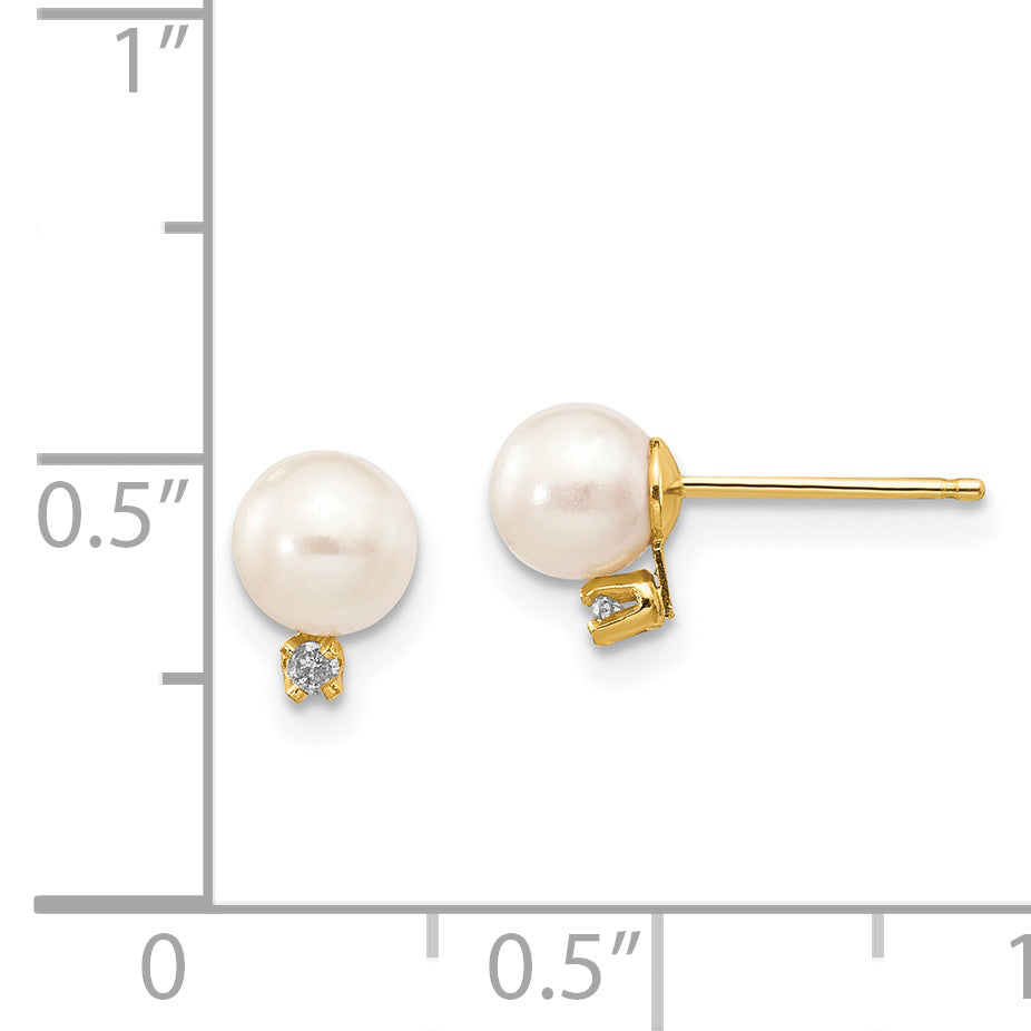 14k 5-6mm White Round Freshwater Cultured Pearl .02ct Diamond Post Earrings