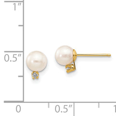 14k 5-6mm White Round Freshwater Cultured Pearl .02ct Diamond Post Earrings