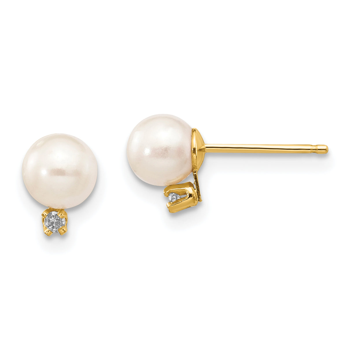 14k 5-6mm White Round Freshwater Cultured Pearl .02ct Diamond Post Earrings