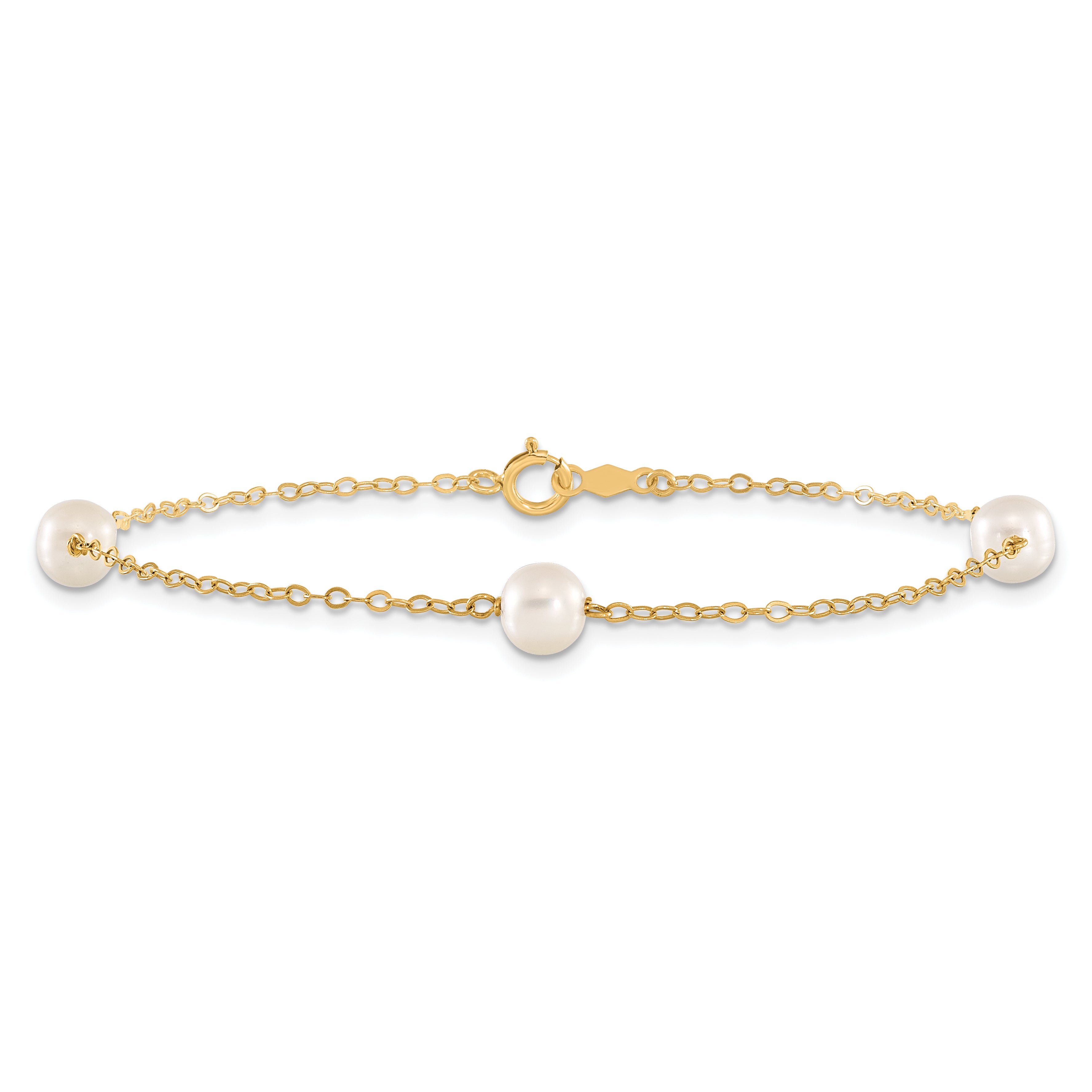 14K 5-6mm White Near Round Freshwater Cultured Pearl 3-station Bracelet