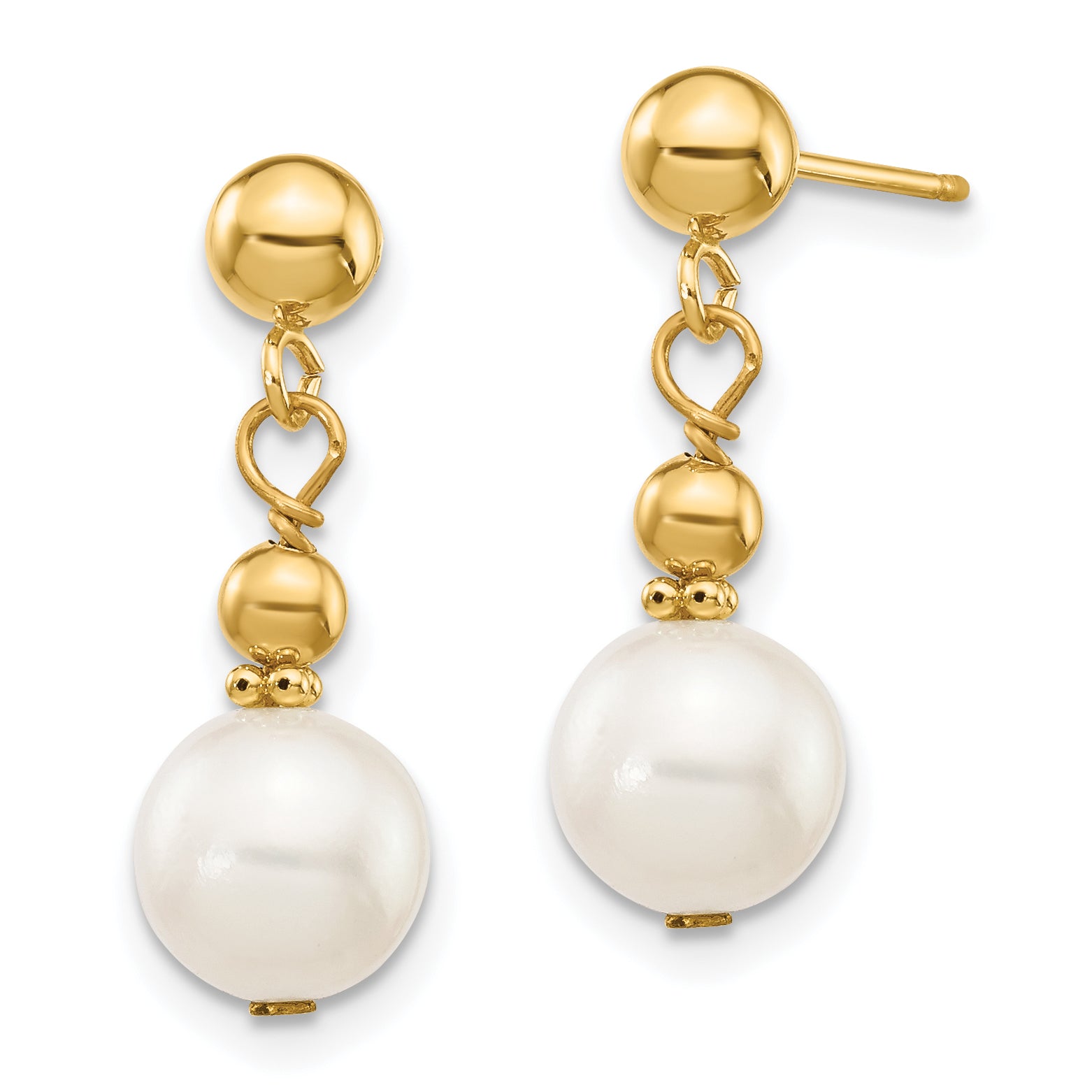 14K 7-8mm White Semi-round Freshwater Cultured Pearl Dangle Post Earrings