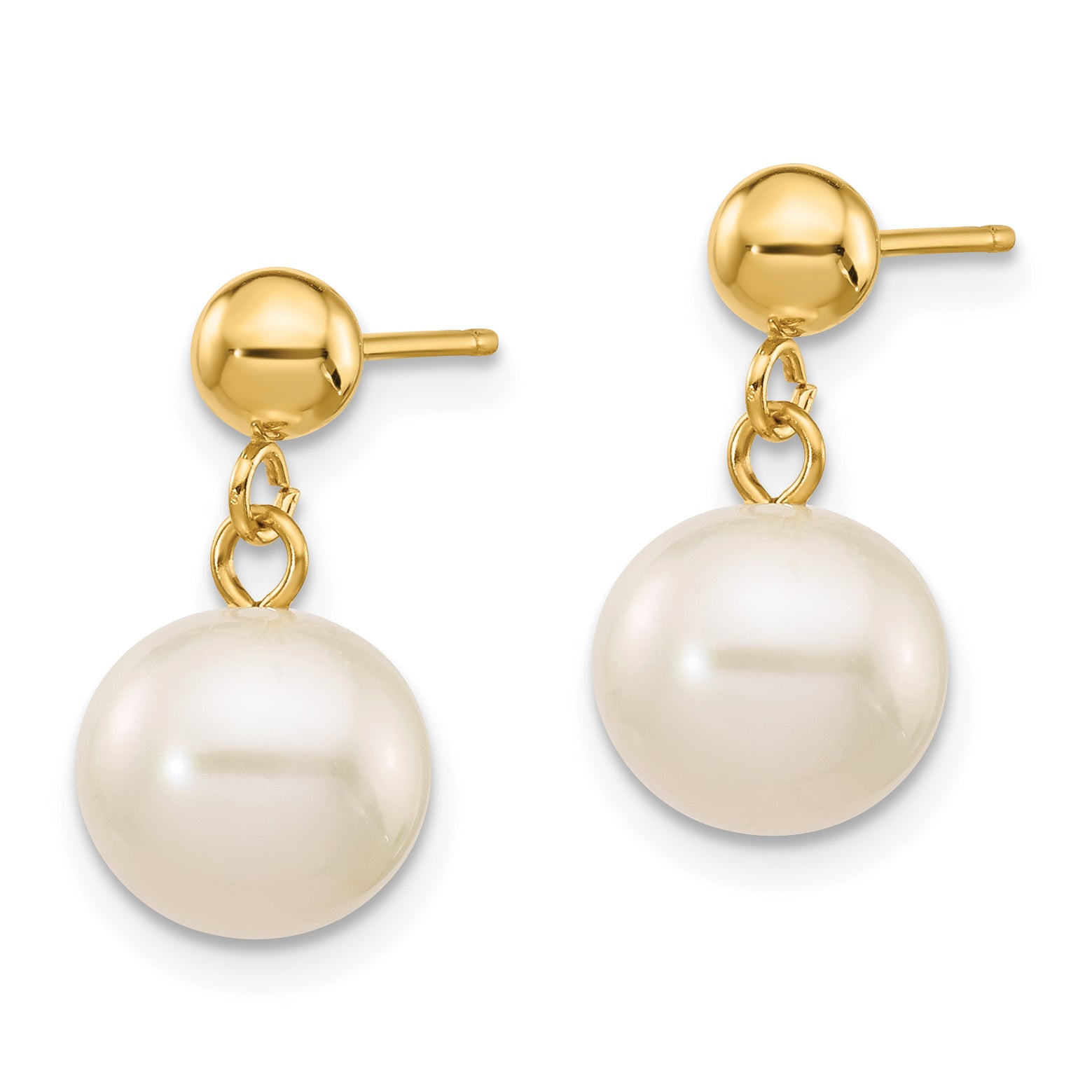 14k 8-8.5mm White Round Freshwater Cultured Pearl Dangle Post Earrings