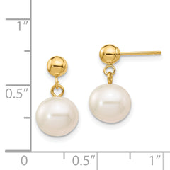 14k 8-8.5mm White Round Freshwater Cultured Pearl Dangle Post Earrings