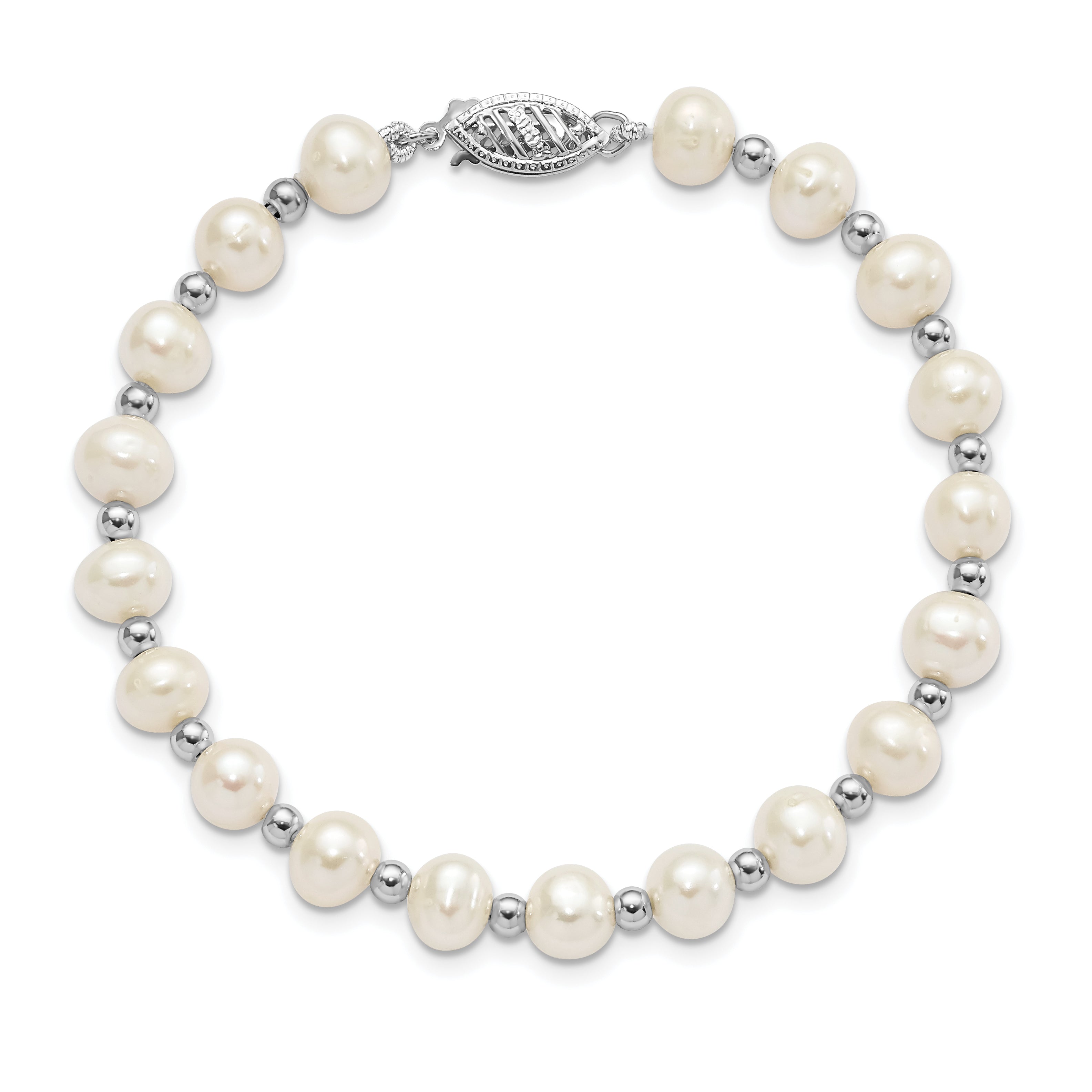 14k White Gold 6-7mm White Near Round FW Cultured Pearl Bead Bracelet