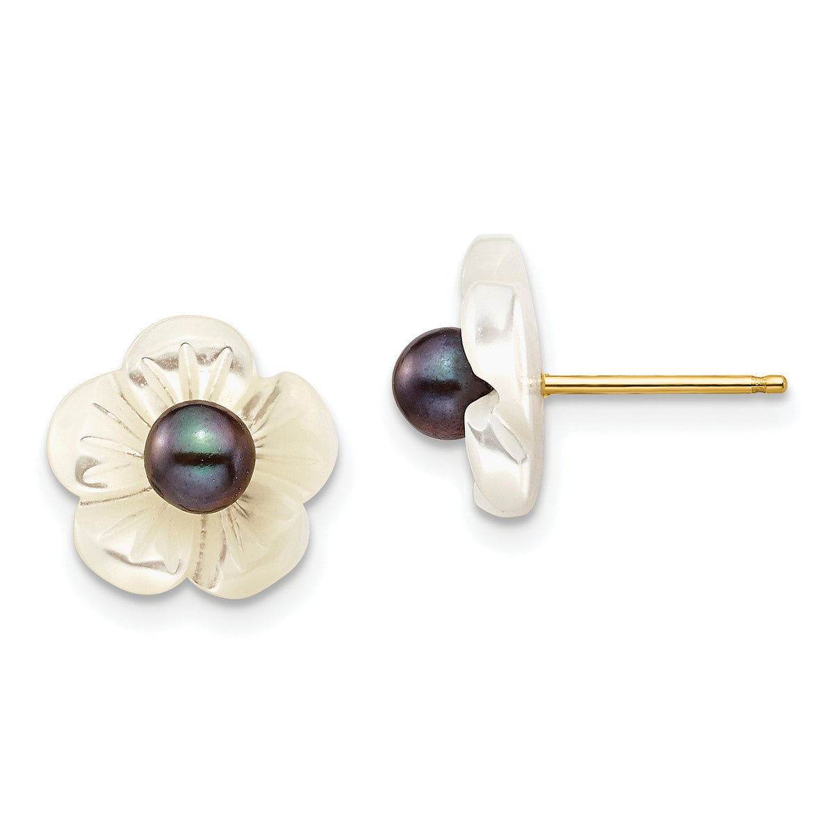 14k 3-4mm Black FW Cultured Pearl w/10 mm MOP Flower Post Earrings