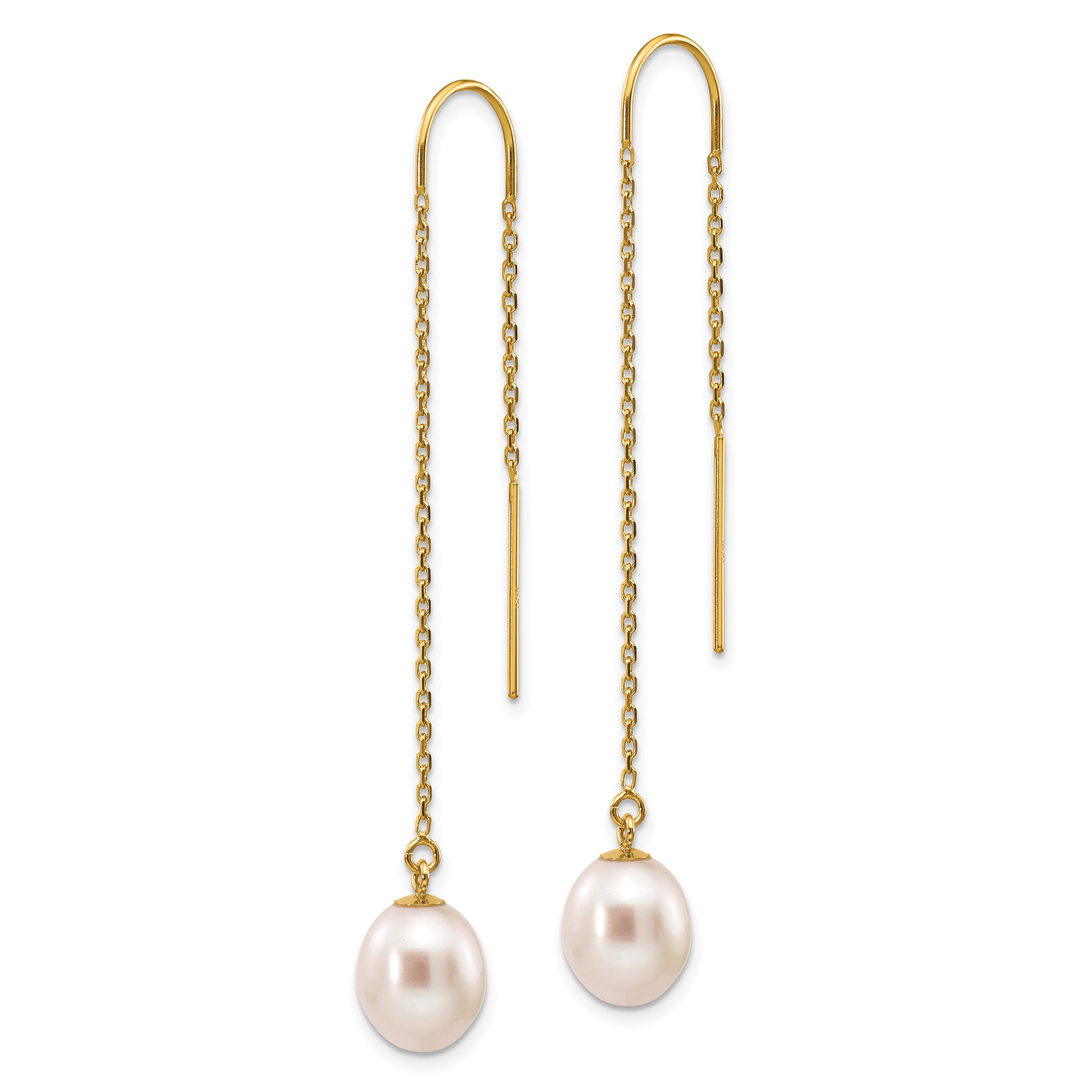 14k 7-8mm White Rice Freshwater Cultured Pearl Dangle Threader Earrings