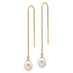 14k 7-8mm White Rice Freshwater Cultured Pearl Dangle Threader Earrings