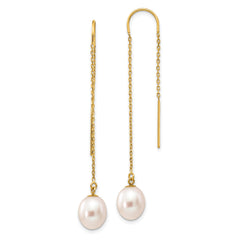 14k 7-8mm White Rice Freshwater Cultured Pearl Dangle Threader Earrings