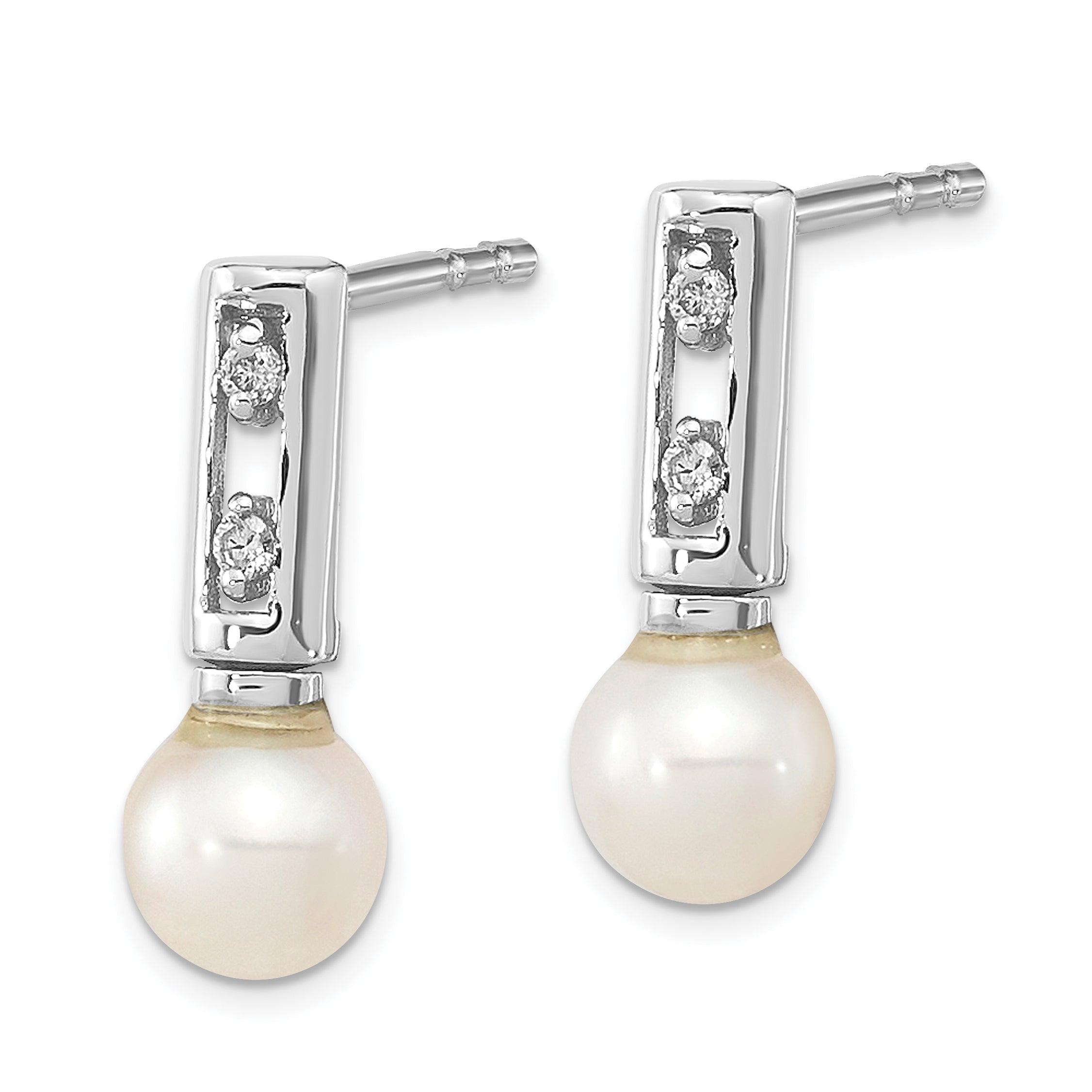 14k White Gold 3-4mm White Round FWC Pearl .02ct Diamond Earrings