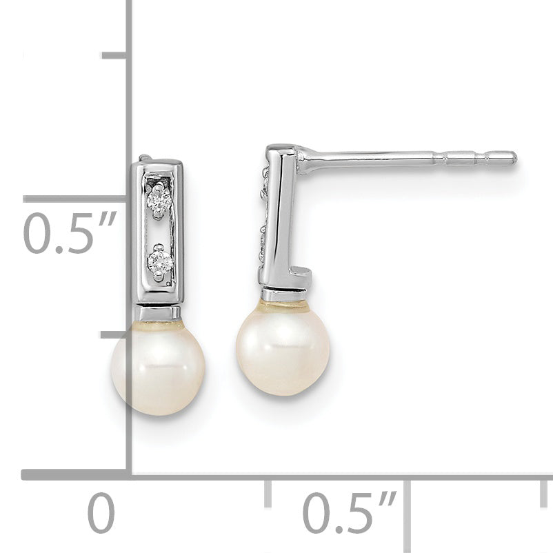 14k White Gold 3-4mm White Round FWC Pearl .02ct Diamond Earrings