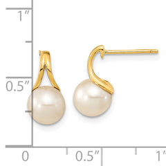 14K 7-8mm White Round Freshwater Cultured Pearl Post Earrings