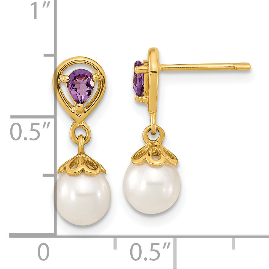 14K 6-7mm White Round FWC Pearl Amethyst Post Dangle Earrings