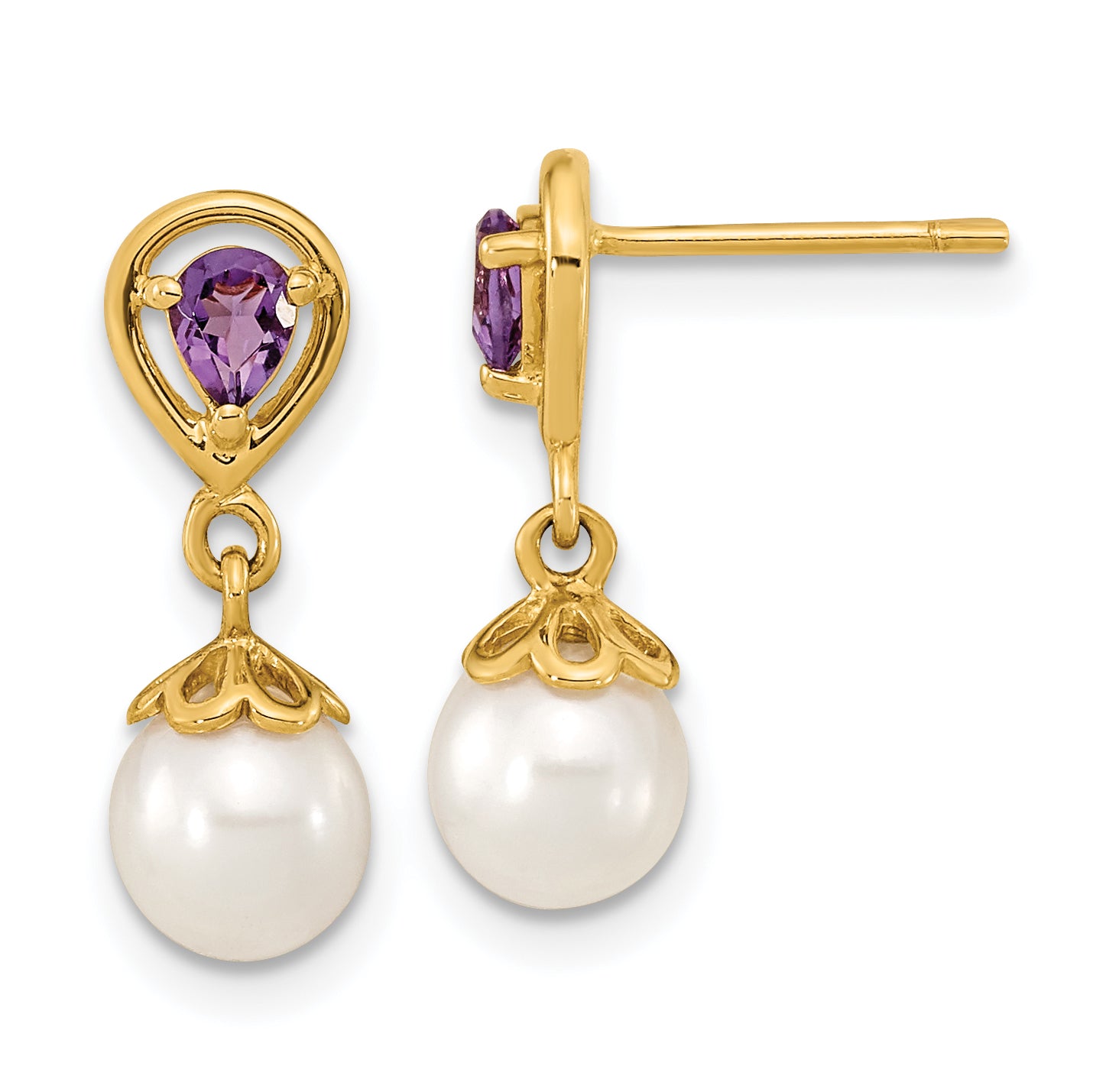 14K 6-7mm White Round FWC Pearl Amethyst Post Dangle Earrings