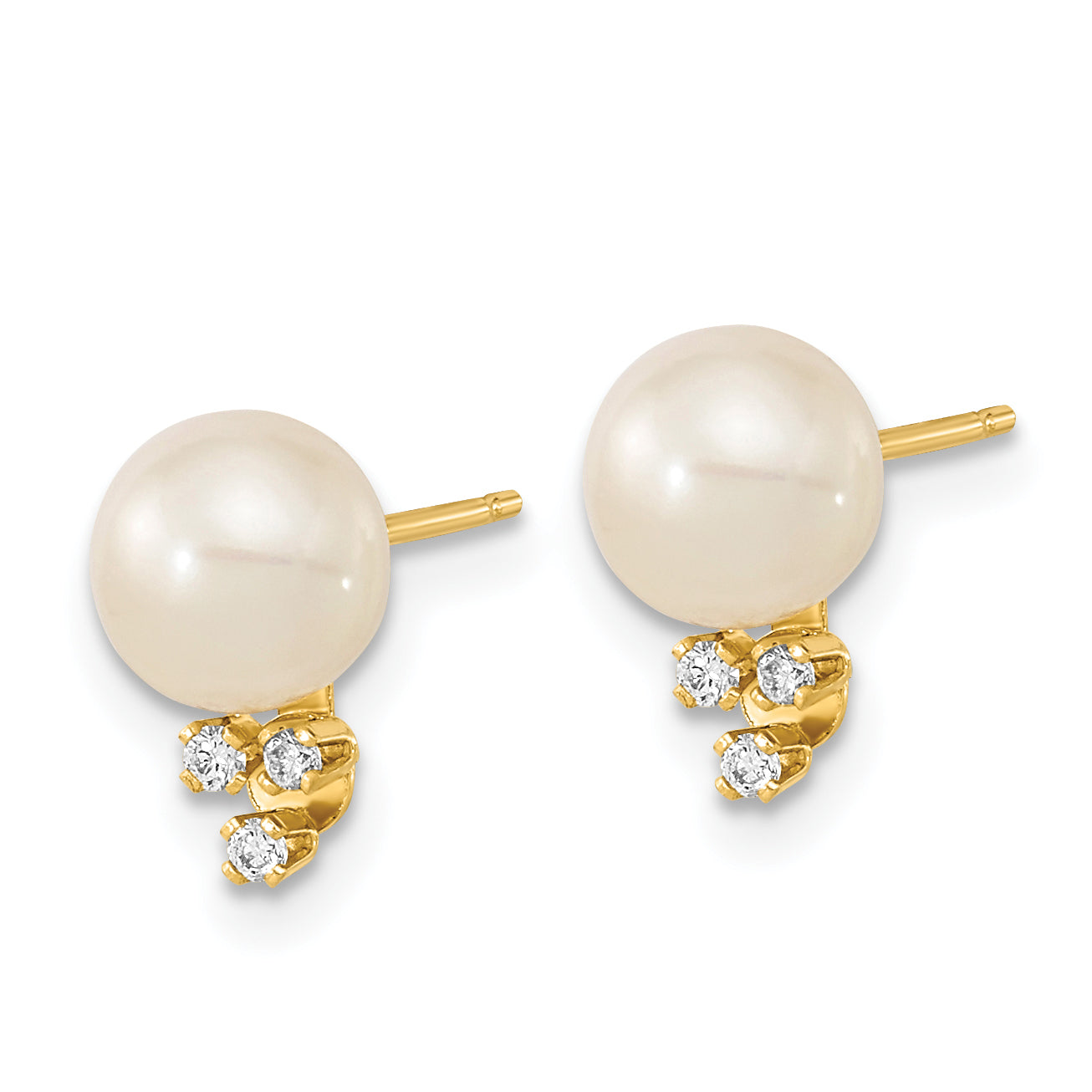 14k 6-7mm White Round Freshwater Cultured Pearl .06ct Diamond Post Earrings