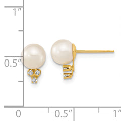 14k 6-7mm White Round Freshwater Cultured Pearl .06ct Diamond Post Earrings